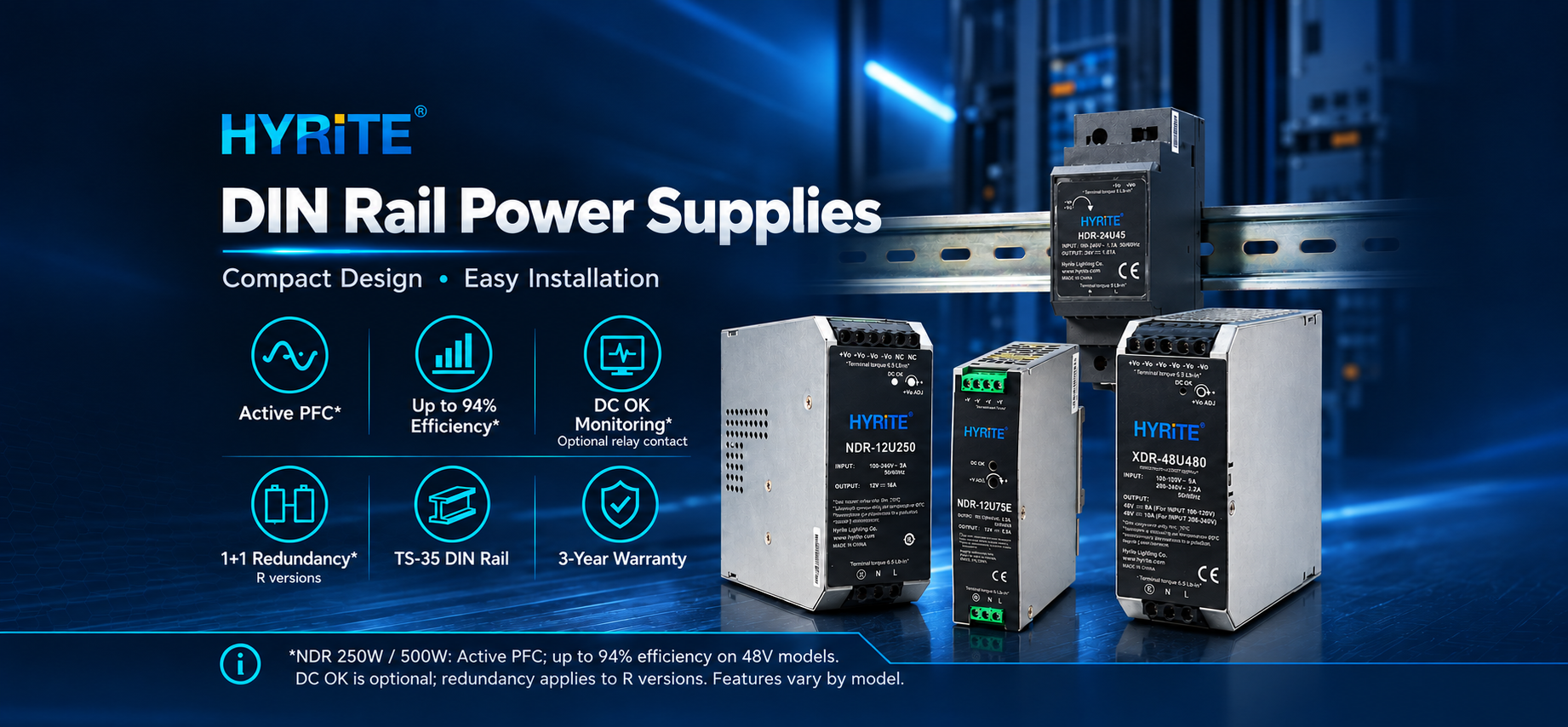 HYRiTE DIN Rail power supplies - compact design and easy installation